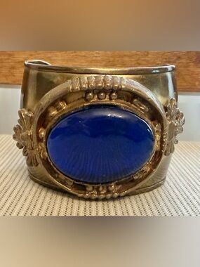 Bohemian Brutalist Brass Cuff Vintage Bracelet with Blue Accent